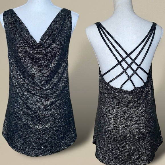 Chaser Glitter Jersey Draped Cowl Neck Halter Top Strappy Teal Green & Gold Sz M - Picture 10 of 16